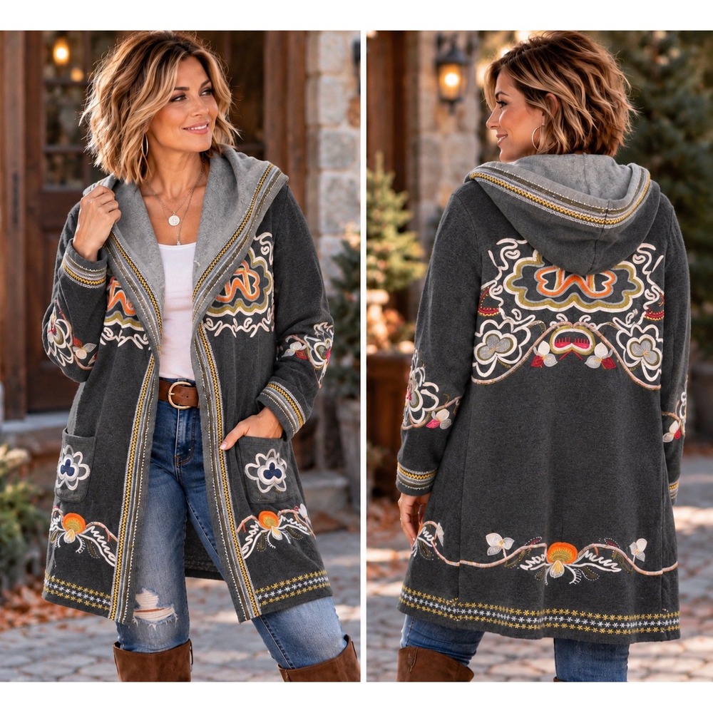 Embroidered Hooded Cardigan Coat Small Charcoal Gray Long Boho Artsy Statement